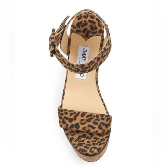 NEW!JIMMY CHOO Size 7.5 (EU 38)Abigail Leopard-Print Leather Cork Wedge Sandals