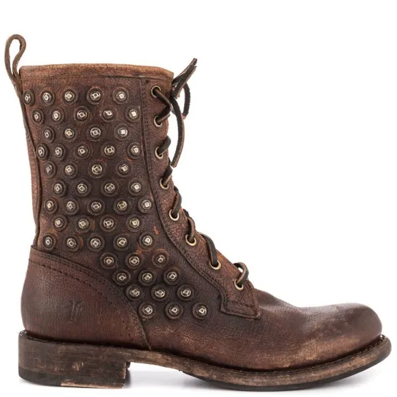 NIB 358.00 FRYE JENNA DISC LACE UP DISTRESSED LEATHER BOOTS