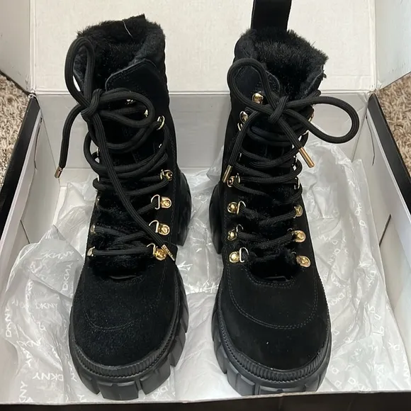 NIB DKNY | Ciara Oil Suede Black Ankle Combat &amp; Lace-up Lug Boots | Size 6.5