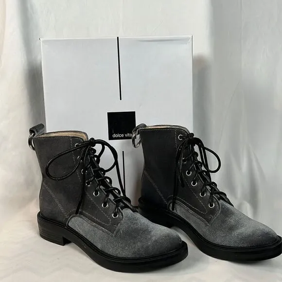 NIB Dolce Vita Bardot Charcoal Velvet Combat Boots Booties - 6.5