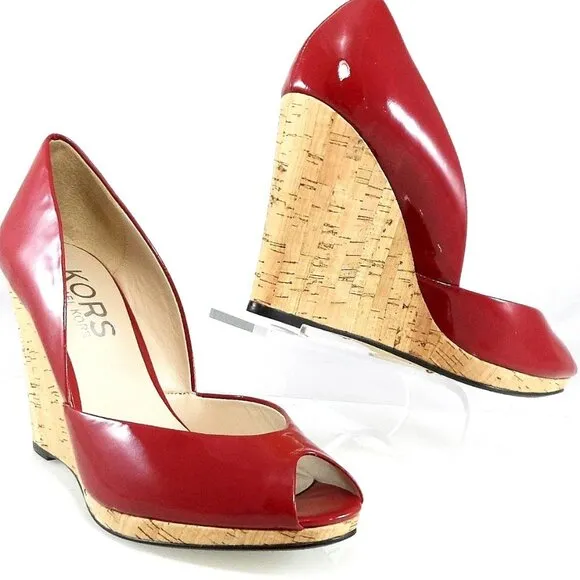 NIB$225 KORS Michael Kors Vail Red Patent Peep-Toe Platform Wedge Pumps 10