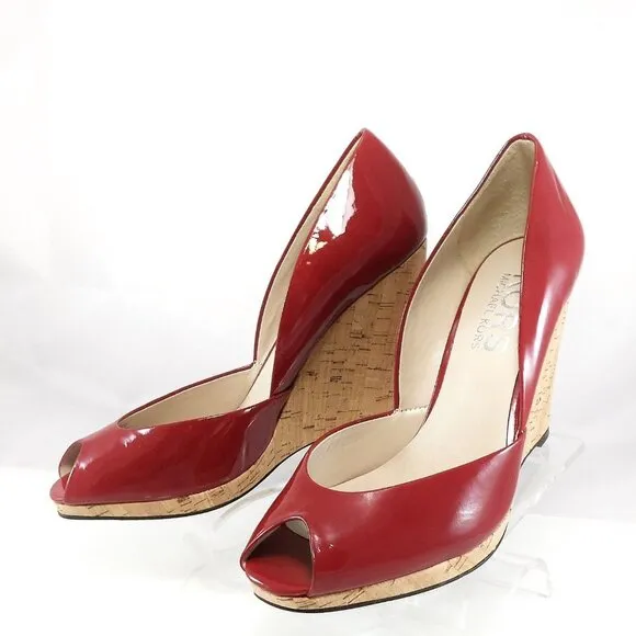 NIB$225 KORS Michael Kors Vail Red Patent Peep-Toe Platform Wedge Pumps 10