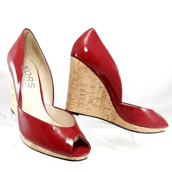 NIB$225 KORS Michael Kors Vail Red Patent Peep-Toe Platform Wedge Pumps 10