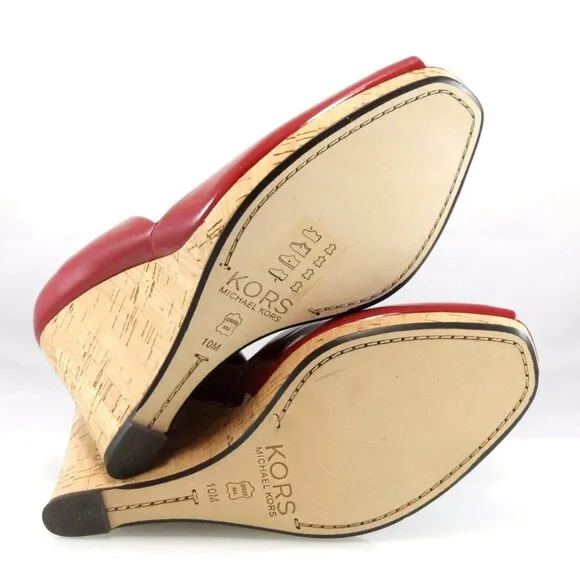 NIB$225 KORS Michael Kors Vail Red Patent Peep-Toe Platform Wedge Pumps 10