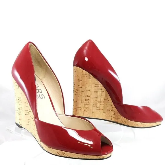 NIB$225 KORS Michael Kors Vail Red Patent Peep-Toe Platform Wedge Pumps 10