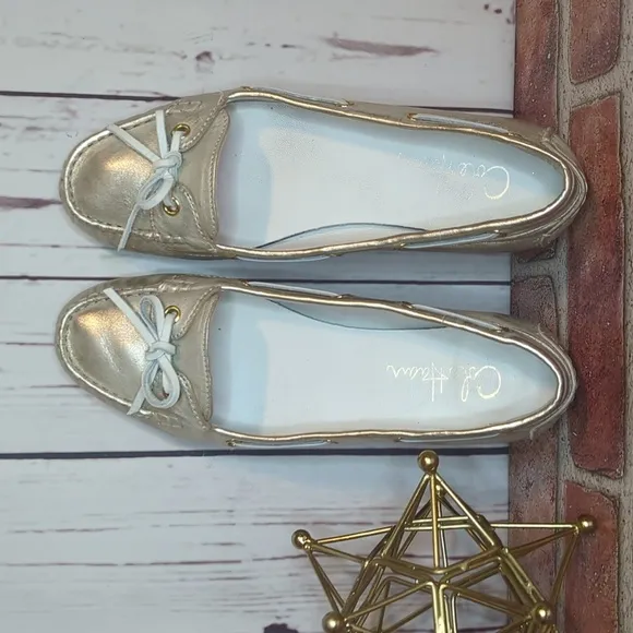 Nike Air Cole Haan Tali Metallic Gold Boat Shoe Bow Leather Flats Women's 8.5