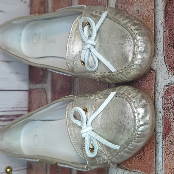 Nike Air Cole Haan Tali Metallic Gold Boat Shoe Bow Leather Flats Women's 8.5