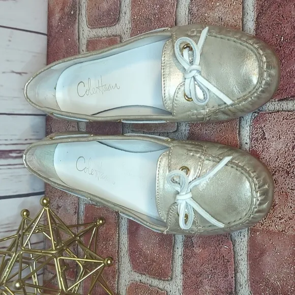 Nike Air Cole Haan Tali Metallic Gold Boat Shoe Bow Leather Flats Women's 8.5