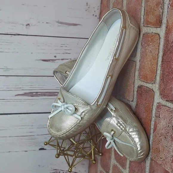 Nike Air Cole Haan Tali Metallic Gold Boat Shoe Bow Leather Flats Women's 8.5