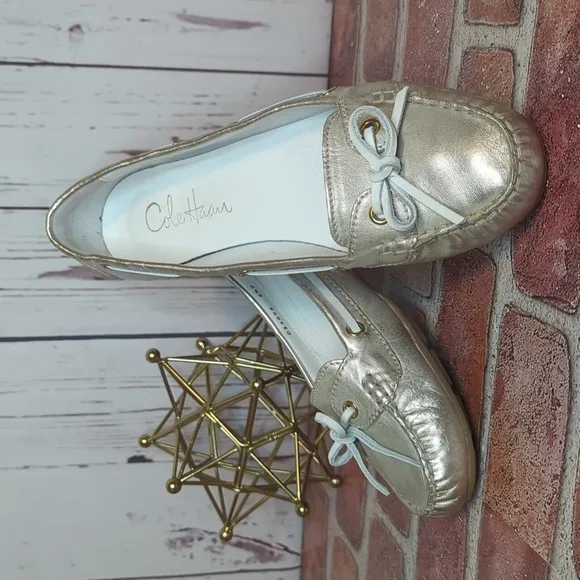 Nike Air Cole Haan Tali Metallic Gold Boat Shoe Bow Leather Flats Women's 8.5