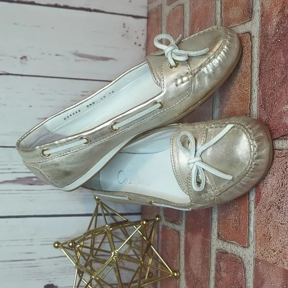 Nike Air Cole Haan Tali Metallic Gold Boat Shoe Bow Leather Flats Women's 8.5