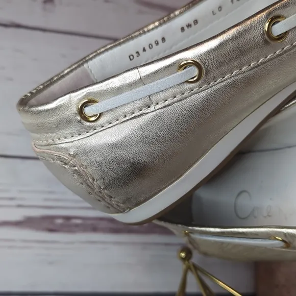 Nike Air Cole Haan Tali Metallic Gold Boat Shoe Bow Leather Flats Women's 8.5