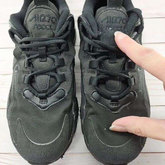 Nike Air Max 270 React Triple Black Athletic Shoes Size 4.5Y Womens 6 BQ0103-004