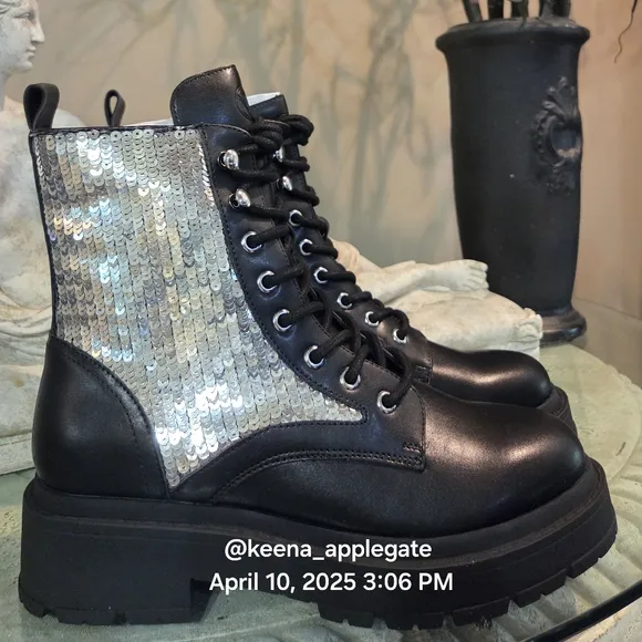 Nine West Hediy Combat Boot Sequin Designer Gaux Leather #48