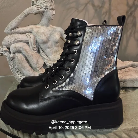 Nine West Hediy Combat Boot Sequin Designer Gaux Leather #48