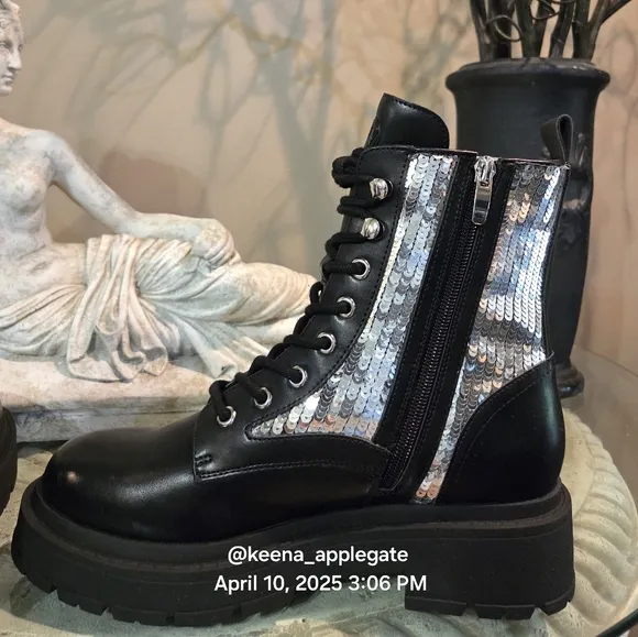 Nine West Hediy Combat Boot Sequin Designer Gaux Leather #48