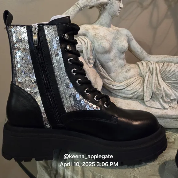 Nine West Hediy Combat Boot Sequin Designer Gaux Leather #48