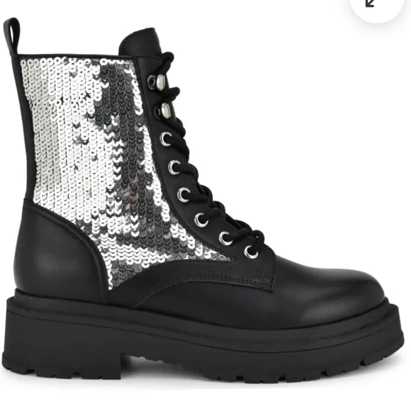 Nine West Hediy Combat Boot Sequin Designer Gaux Leather #48
