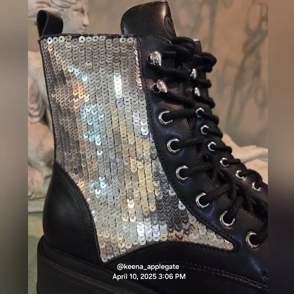 Nine West Hediy Combat Boot Sequin Designer Gaux Leather #48