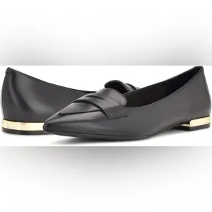 Nine West Lallin Black Point Toe Flats Gold Trim Size 8 Women’s Leather Like New