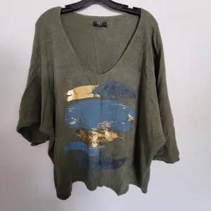 NT by Amori Green Gold Metallic Graphic Knit V Neck Pullover Sweater Size Large