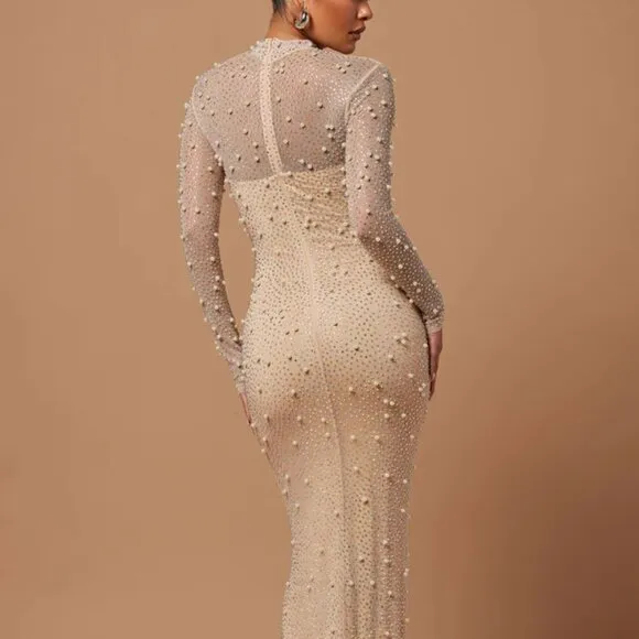 Nude mother of the bride dress.Bridesmaid.Wedding guest fitted embellished gown