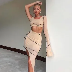 Nue Mesh Patchwork Asymmetrical Bodycon Skirt Set