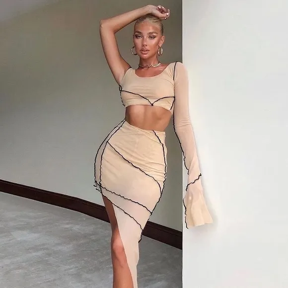 Nue Mesh Patchwork Asymmetrical Bodycon Skirt Set