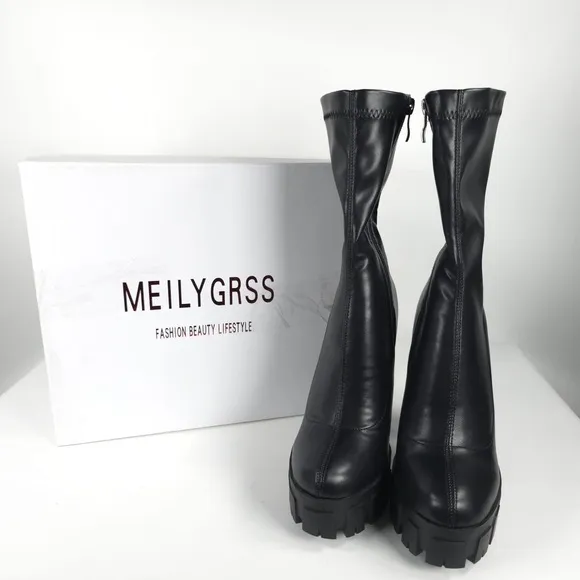 NWB MEILYGRSS Plattform Ankle Combat High Chunky Heels PU Zip Booties Size 6