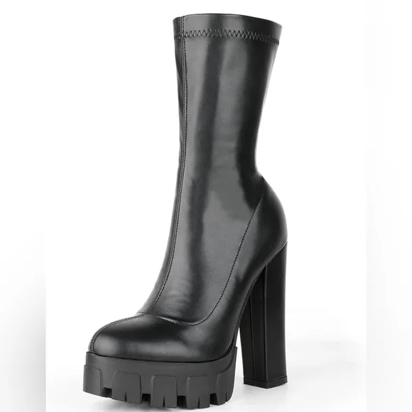 NWB MEILYGRSS Plattform Ankle Combat High Chunky Heels PU Zip Booties Size 6