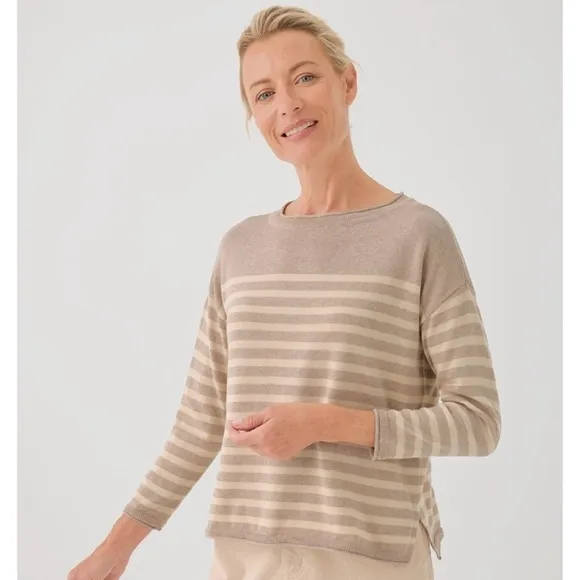 NWD Pact Size M 100% Organic Cotton Oat Stripe Classic Fine Knit Sweater