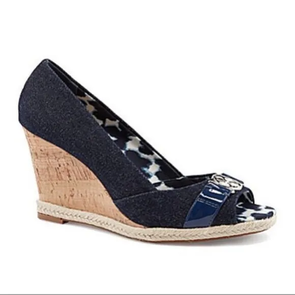 NWOB ARTURO CHIANG Ralin Denim Patent Peep-Toe Wedges 9
