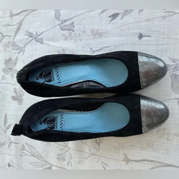 NWOB Lanvin Paris Wedge Heels Black Suede Pewter Metallic Cap Toe Ballet EU 36
