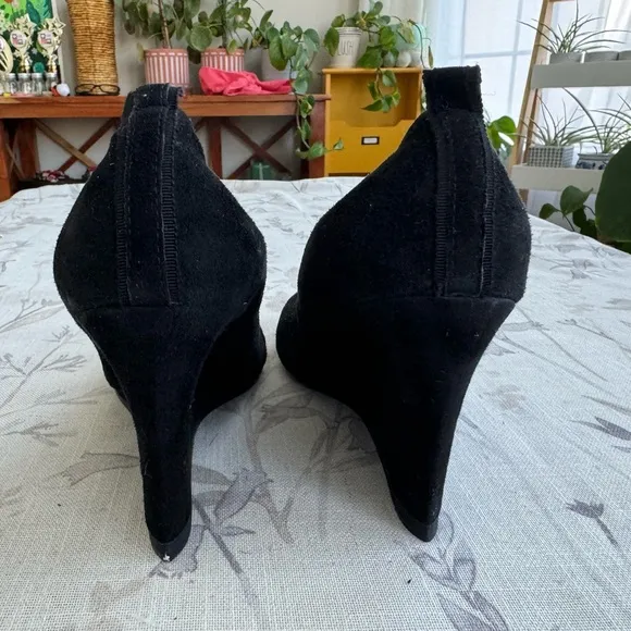 NWOB Lanvin Paris Wedge Heels Black Suede Pewter Metallic Cap Toe Ballet EU 36