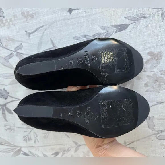 NWOB Lanvin Paris Wedge Heels Black Suede Pewter Metallic Cap Toe Ballet EU 36