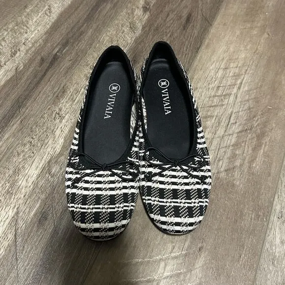 NWOB Vivaia Odette Round Toe Bow Flats Plaid Tan Black 39