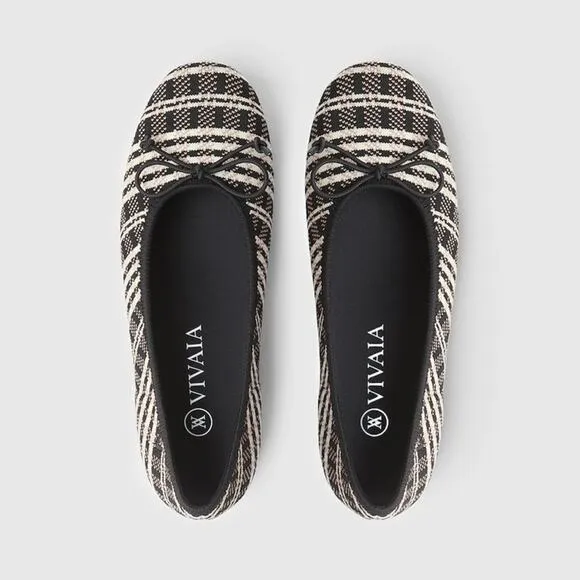 NWOB Vivaia Odette Round Toe Bow Flats Plaid Tan Black 39