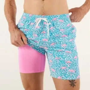 NWOT Chubbies Mens L Domingos Are For Flamingos 7&quot; Lined Classic Swim Trunk Blue