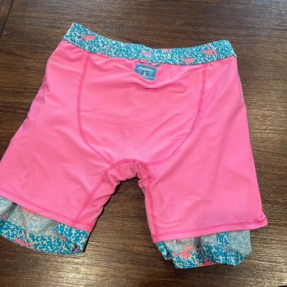 NWOT Chubbies Mens L Domingos Are For Flamingos 7&quot; Lined Classic Swim Trunk Blue