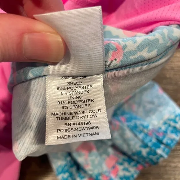 NWOT Chubbies Mens L Domingos Are For Flamingos 7&quot; Lined Classic Swim Trunk Blue