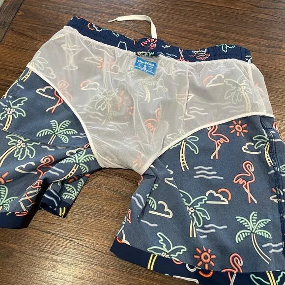 NWOT Chubbies Men's XL The Neon Lights 7&quot; Classic Swim Trunk Navy Graphic Print