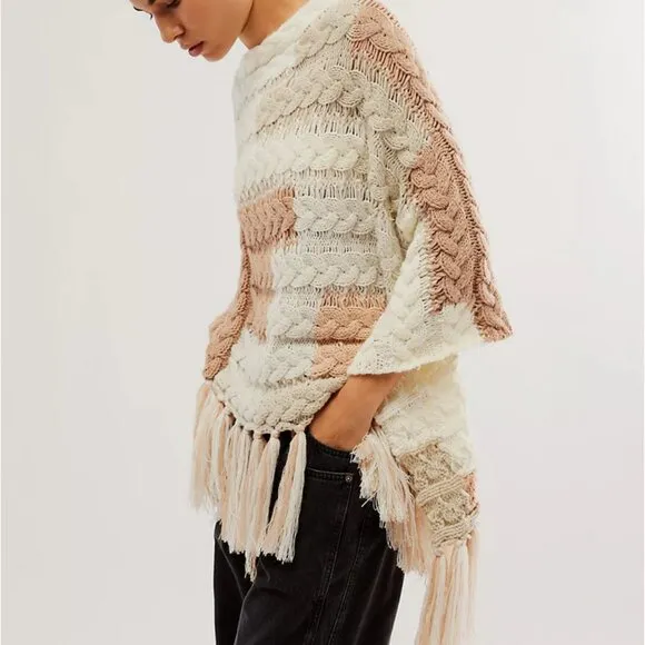 NWOT Free People Revelry Cable Fringe Poncho