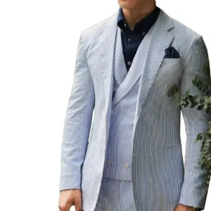 NWOT Pallini Italian Seersucker Suit Jacket &amp; Vest 2-Piece Set 46L Blue striped