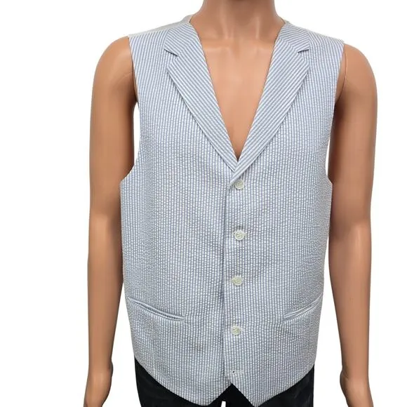 NWOT Pallini Italian Seersucker Suit Jacket &amp; Vest 2-Piece Set 46L Blue striped