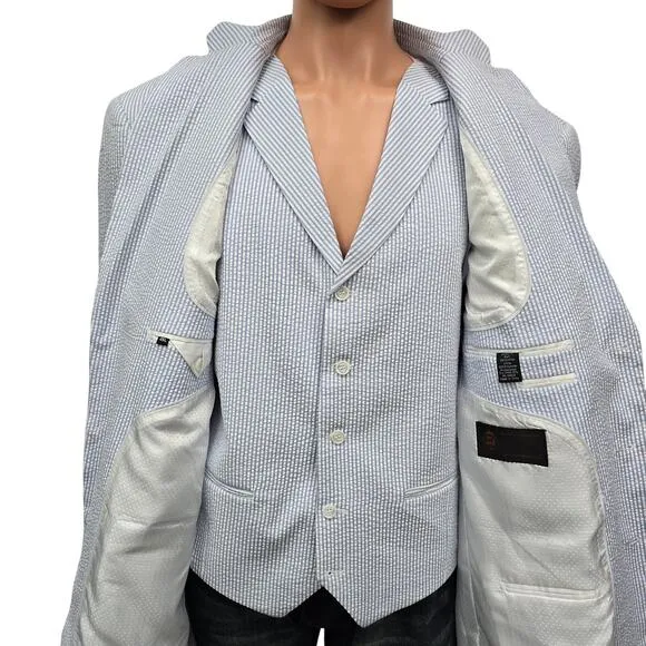 NWOT Pallini Italian Seersucker Suit Jacket &amp; Vest 2-Piece Set 46L Blue striped