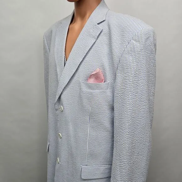 NWOT Pallini Italian Seersucker Suit Jacket &amp; Vest 2-Piece Set 46L Blue striped