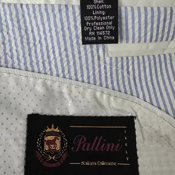 NWOT Pallini Italian Seersucker Suit Jacket &amp; Vest 2-Piece Set 46L Blue striped