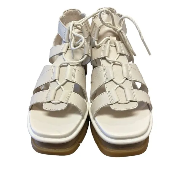 NWOT SOREL Women's Joanie Ill Cream ChalkLeather Lace Up Wedge Sandals Size 11