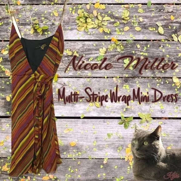 NWT $420 Nicole Miller Collection | Y2K| Multi-Stripe Lined Wrap Dress | Vintage