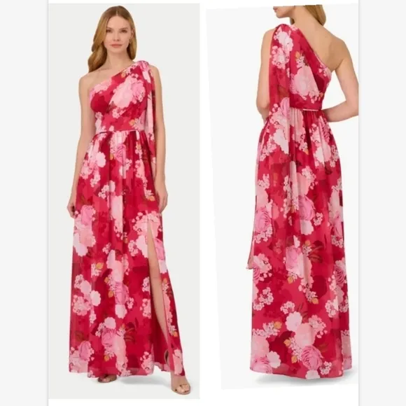 NWT Adrianna Papell Floral One Shoulder Chiffon Maxi Dress Sz 0